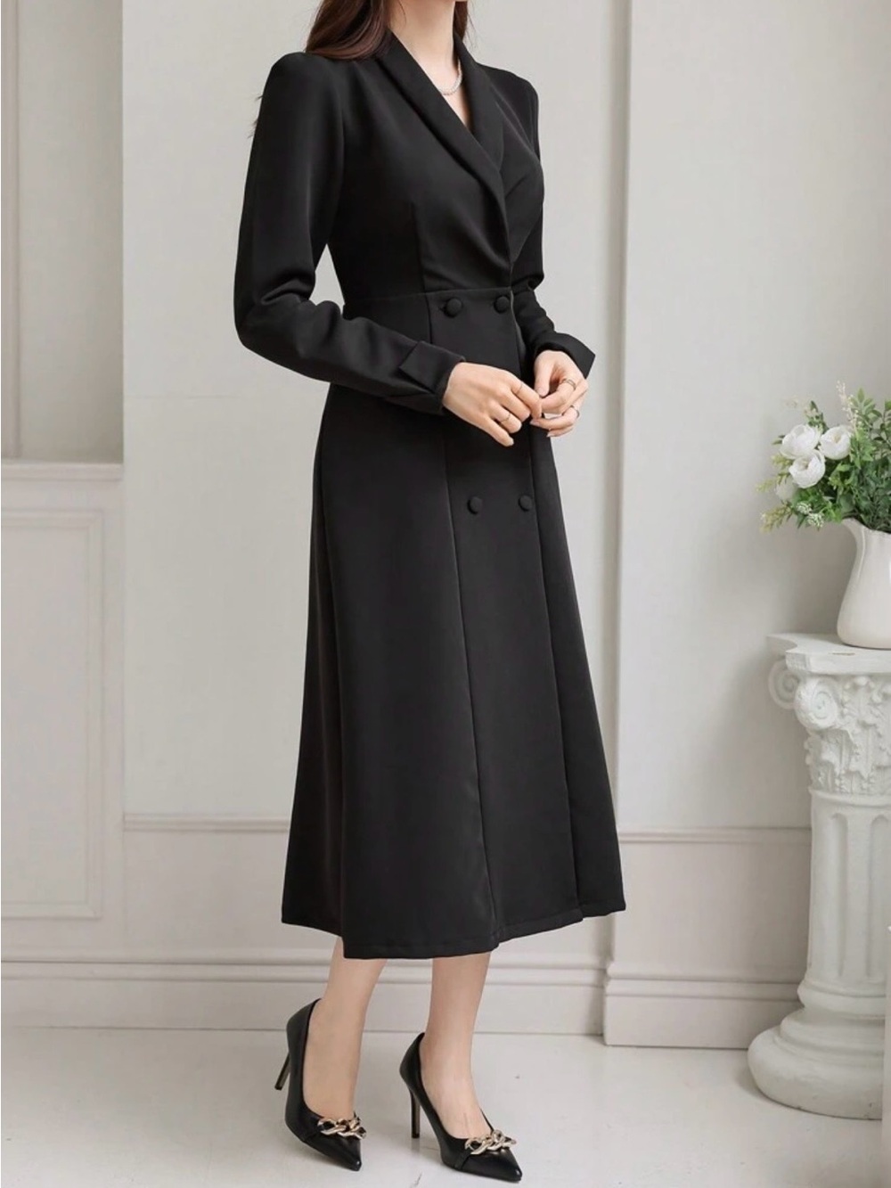 DAZY Black Double-Breasted Long-Sleeve Lapel Neck Midi Blazer Dress - NWOT
